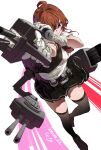  1girl absurdres adapted_turret ahoge anti-aircraft_gun arashi_(kancolle) ascot black_vest blush cannon dated depth_charge full_body gegeron gloves grey_thighhighs highres holding holding_turret kantai_collection long_hair looking_at_viewer machinery messy_hair neck_ribbon neckerchief pleated_skirt red_ascot redhead ribbon rigging school_uniform shirt short_hair short_sleeves signature skirt smile smokestack solo thigh-highs torpedo_launcher torpedo_tubes turret vest white_gloves white_shirt 