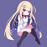  1girl amanogawa_shiina between_legs blonde_hair cross_(vgne4542) full_body hair_ornament hairpin hand_between_legs highres long_hair phase_connect simple_background solo violet_eyes 