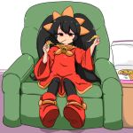  1girl ashley_(warioware) big_hair black_hair blush boots chair commentary_request dress eating food food-themed_hair_ornament food_in_mouth hair_ornament hairband holding holding_food holding_pizza long_hair long_sleeves neckerchief orange_hair_ornament orange_hairband orange_neckerchief pantyhose pizza pizza_box pizza_slice red_dress red_eyes red_footwear sitting skull skull_brooch skull_ornament tiara turuga twintails warioware 