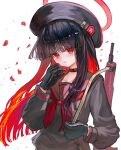  1girl absurdres assault_rifle beret black_beret black_choker black_gloves black_hair black_serafuku blue_archive blunt_bangs blush choker collarbone colored_inner_hair eyelashes falling_petals gloves gun halo hat highres holding holding_weapon justice_task_force_member_(blue_archive) looking_at_viewer multicolored_hair neckerchief petals qc6 red_eyes red_halo red_neckerchief red_petals redhead rifle school_uniform serafuku simple_background solo weapon white_background 