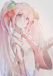  1girl absurdres cherry_hair_ornament collared_shirt food-themed_hair_ornament hair_ornament hatsune_miku highres long_hair long_sleeves necktie pink_eyes pink_hair ponshu_(ponshuislife) rain sakura_miku shirt sleeveless sleeveless_shirt solo very_long_hair vocaloid water_drop wet 