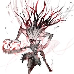  1other ambiguous_gender bloodborne boots creature elden_ring facing_viewer gun holding holding_gun holding_weapon hunter_(bloodborne) jacket long_hair moon_presence_(bloodborne) pants saw saw_cleaver short_hair torn_clothes torn_jacket weapon white_background yourfreakyneighbourh 