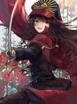  1girl aiguillette arm_up belt black_belt black_hat black_jacket black_pants brown_hair buttons chain cloak ezu_(e104mjd) fate/grand_order fate_(series) flower gloves gold_chain hair_between_eyes hat hat_ornament highres holding holding_sword holding_weapon jacket katana leaf long_hair long_sleeves looking_at_viewer military_hat military_jacket military_uniform oda_nobunaga_(fate) oda_uri open_mouth pants red_cloak red_eyes red_flower smile solo standing sword teeth uniform weapon white_background white_gloves 