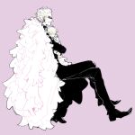  2boys aged_down baby blonde_hair boots closed_mouth donquixote_doflamingo donquixote_rocinante feather_cape holding_baby itowo_(itowc) monochrome multiple_boys one_piece pants pink_theme short_hair sitting smile sunglasses 