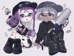  1boy 1girl :&lt; :d arm_support autobomb_(splatoon) bandaid bandaid_on_knee bandaid_on_leg baseball_cap black_footwear black_hat black_jacket black_leggings black_shorts blue_eyes blue_pupils blunt_bangs blush boots bracelet braid closed_mouth colored_tongue dark-skinned_male dark_skin dolphin_shorts e-liter_4k_(splatoon) earrings full_body green_eyes grey_hair grey_hat gun hat heart highres holding holding_weapon ink_mine_(splatoon) inkling_boy inkling_girl inkling_player_character jacket jewelry leggings leggings_under_shorts long_hair mch_k0 multiple_earrings necklace no_nose open_mouth pointy_ears purple_hair purple_outline purple_tongue purple_trim range_blaster_(splatoon) rifle short_eyebrows short_hair shorts sideways_hat single_braid sitting sleeveless sleeveless_sweater sleeveless_turtleneck smile sniper_rifle sparkle splatoon_(series) sweater teeth tentacle_hair turtleneck turtleneck_sweater two-tone_eyes upper_teeth_only v-shaped_eyebrows watch watch weapon white_background white_sweater zipper_pull_tab 