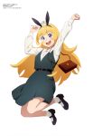  1girl :d absurdres animal_ears bag belt black_footwear blonde_hair blue_eyes blunt_bangs brown_bag collared_shirt crown dress green_dress handbag high_heels highres hime-sama_&quot;goumon&quot;_no_jikan_desu hime_(himesama_goumon) jumping long_hair long_sleeves looking_at_viewer magazine_scan megami_magazine mini_crown official_art rabbit_ears scan shirt sidelocks simple_background smile socks solo teeth upper_teeth_only white_background white_shirt white_socks 