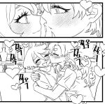  2girls closed_eyes closed_mouth commentary_request couch eye_contact greyscale gundam gundam_suisei_no_majo hug kiss kissing_cheek korean_commentary long_hair looking_at_another miorine_rembran monochrome multiple_girls nyong-choi on_couch open_mouth shirt short_sleeves smile suletta_mercury thick_eyebrows translation_request vase yuri 