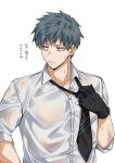  1boy black_gloves blue_hair brown_hair character_request collarbone collared_shirt copyright_request gloves highres looking_to_the_side male_focus necktie necktie_grab neckwear_grab parted_lips shirt simple_background solo sweatdrop ta_ko_tsu teeth translation_request upper_body white_background white_shirt 