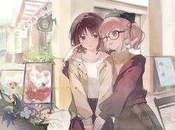  2girls black-framed_eyewear black_ribbon blue_eyes blush brown_hair brown_jacket brown_sweater cheek_poking collarbone commentary commission duany girls_band_cry glasses grey_eyes hashtag-only_commentary highres hina_(girls_band_cry) holding_hands iseri_nina jacket kawasaki_(kanagawa) long_sleeves low_twintails multiple_girls open_clothes open_jacket open_mouth pink_hair plaid_clothes plaid_skirt poking real_world_location red_jacket red_skirt ribbon shirt short_hair short_twintails skirt sweater tongue tongue_out twintails white_shirt yuri 