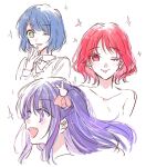  3girls arima_kana bare_shoulders blue_eyes blue_hair blush bow bowtie collarbone collared_shirt enefue english_commentary hair_between_eyes hair_ornament hair_ribbon hand_up highres hoshino_ai_(oshi_no_ko) kurokawa_akane long_hair long_sleeves looking_at_viewer looking_to_the_side multicolored_eyes multicolored_hair multiple_girls one_eye_closed open_mouth oshi_no_ko pink_eyes pink_hair pink_ribbon purple_hair rabbit_hair_ornament red_eyes redhead ribbon shirt short_hair sidelocks simple_background smile sparkle star-shaped_pupils star_(symbol) symbol-shaped_pupils teeth tongue tongue_out two-tone_hair upper_body vest violet_eyes white_background 