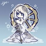  1girl bare_shoulders blue_eyes bridal_veil chibi clock clock_print dress e.g.o_(project_moon) faust_(project_moon) gears hair_ornament highres holding holding_weapon limbus_company looking_at_viewer minji_mj2802 project_moon short_hair signature solo veil weapon wedding_dress white_dress white_hair 