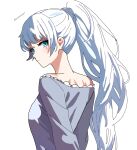  1girl absurdres blue_eyes closed_mouth english_commentary frills from_behind high_ponytail highres looking_at_viewer looking_back pajamas rwby scar scar_across_eye simple_background solo upper_body v-shaped_eyebrows weiss_schnee white_background white_hair zackmyst 
