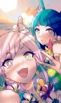  2girls :d :o akroglam blue_flower blue_hair blunt_bangs blurry bokeh bright_pupils commentary_request depth_of_field diamond-shaped_pupils diamond_(shape) double_bun fang flower flower_necklace hair_bun lei lena_(akroglam) long_hair looking_at_viewer multiple_girls nina_(akroglam) ocean official_art open_mouth outdoors pink_eyes second-party_source siblings sisters sky smile symbol-shaped_pupils twins upper_body v_over_eye white_hair white_pupils yellow_eyes yellow_flower 