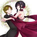  bare_back black_hair bow bowtie breasts butterfly_hair_ornament dancing dress enkichi formal green_eyes green_hair hair_ornament hair_up hand_on_another&#039;s_shoulder holding_hands killer_in_the_mirror large_breasts long_dress looking_at_viewer shitakiri_nodoka shitakiri_souga short_male step-siblings suit tall_female violet_eyes 