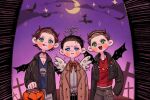  3boys angel angel_wings beard_stubble black_hair blue_eyes blush_stickers bow bowtie brothers brown_hair castiel coat cowboy_shot dean_winchester demon_horns demon_wings facial_hair freckles graveyard green_eyes halloween halloween_bucket halloween_costume halo happy_halloween horns jacket jewelry leather leather_jacket looking_at_viewer ma_nn male_focus mature_male mole mole_on_nose moon multiple_boys necklace night short_hair siblings smile stubble supernatural_(tv_series) tongue tongue_out trench_coat trick_or_treat wings 