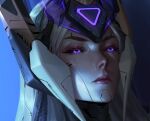  1girl artificial_eye character_request close-up cyborg league_of_legends mechanical_eye piscina simple_background solo tagme violet_eyes white_hair 