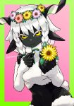  1girl animal_ears black_sclera black_skin body_fur braid colored_eyelashes colored_sclera colored_skin eating_flower flower head_wreath highres horizontal_pupils horns nail_polish navel original sheep_ears sheep_girl sheep_horns sheep_tail solo tail toipokun_oyashi twin_braids two-tone_background white_hair wool yellow_eyes 