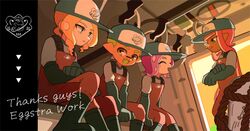  2boys 2girls ^_^ arrow_(symbol) baseball_cap blonde_hair blue_eyes boots closed_eyes closed_mouth commentary_request dark-skinned_female dark_skin english_text fangs gloves green_hair hat helicopter_interior highres inkling_boy inkling_girl inkling_player_character jumpsuit logo mitarashi_fa multiple_boys multiple_girls octoling_boy octoling_girl octoling_player_character orange_jumpsuit pink_hair print_headwear rubber_boots rubber_gloves salmon_run_(splatoon) sitting smile splatoon_(series) splatoon_3 thank_you 