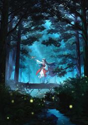  1girl alternate_costume animal bird black_footwear black_hair chinese_commentary closed_mouth dress fireflies forest from_side highres houraisan_kaguya jiege long_hair long_sleeves nature profile red_eyes river shoes solo touhou tree walking white_dress wide_sleeves 