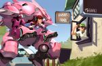  3girls blue_car blue_sky blunt_bangs brown_eyes brown_hair building car d.va_(overwatch) day drive-thru facial_mark gloves hand_on_own_chin long_hair mecha meka_(overwatch) motor_vehicle multiple_girls open_window open_window_shutter overwatch overwatch_1 pilot_suit robot sign sky straight_hair surprised sweatdrop thinking velinxi whisker_markings white_gloves window 