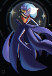  alternate_color black_background black_dress black_gloves blue_hair bob_cut colored_skin dress elbow_gloves fallthecolors gardevoir gloves hair_over_one_eye highres mega_gardevoir mega_pokemon orange_eyes pokemon pokemon_(creature) shiny_pokemon simple_background sparkle strapless strapless_dress white_skin 