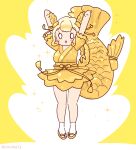  1girl arms_up blonde_hair coroha fins fish_girl fish_tail full_body hair_ornament japanese_clothes jumping kemono_friends kimono kinshachi_(kemono_friends) looking_at_viewer ribbon sandals short_hair simple_background solo tabi tail yellow_background zouri 