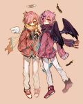  2boys black_scarf black_wings camera cardigan dual_persona hair_over_one_eye halo holding holding_camera jibaku_shounen_hanako-kun looking_at_viewer mitsuba_sousuke multiple_boys pants pink_cardigan pink_eyes pink_footwear pink_hair pink_scarf sapphire_(nine) scarf shoes single_sleeve_past_fingers striped_clothes striped_scarf white_pants white_scarf white_wings wings 