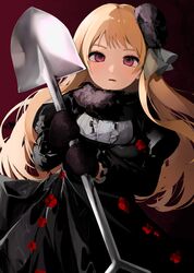  1girl axis_powers_hetalia black_dress blonde_hair blush dress empty_eyes flower fukuzawa_(huku486) fur_gloves fur_hat fur_scarf genderswap genderswap_(mtf) hat highres holding holding_shovel long_hair looking_at_viewer parted_lips red_background red_eyes red_flower russia_(hetalia) shovel simple_background solo 