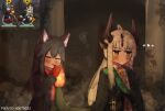  ... 2girls ahoge animal_ears arknights bad_id bad_pixiv_id black_coat black_hair blonde_hair blush closed_eyes coat commentary_request english_commentary flame-tipped_tail green_eyes highres horns lighting_cigarette mixed-language_commentary multiple_girls ponytail reed_(arknights) reference_inset smoking tail texas_(arknights) turnip_eh 