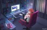  1girl absurdres ahoge behind-the-head_headphones black_shorts black_thighhighs book bottle chair computer desk figure full_body glasses grin headphones highres kareyare keyboard_(computer) knees_up laptop looking_at_viewer monitor office_chair orange_hair persona persona_5 sakura_futaba short_shorts shorts sitting smile solo sticky_note swivel_chair tank_top thigh-highs 