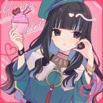  1388chan 1girl bare_shoulders beret black_hair blue_hair blush bracelet colored_inner_hair cupcake fate/grand_order fate_(series) food green_headwear green_jacket grey_eyes hat heart heart_hands highres jacket jewelry long_hair looking_at_viewer multicolored_hair neck_ring solo tenochtitlan_(fate) tenochtitlan_(second_ascension)_(fate) two-tone_hair 