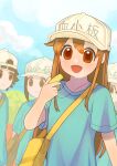  4girls absurdres backwards_hat bag blue_shirt blue_sky brown_eyes brown_hair clouds commentary hat hataraku_saibou highres holding holding_whistle long_hair medium_hair multiple_girls personification platelet_(hataraku_saibou) shirt short_hair shoulder_bag sky translation_request tree user_fuxf8887 whistle whistle_around_neck white_hat yellow_bag 