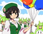  &gt;_&lt; 6+girls :3 alternate_costume balloon beret black_hair blue_background blush breasts clone closed_eyes closed_mouth collared_shirt commentary_request earpiece glasses green_eyes green_hair green_hat green_shorts green_vest hat headpat holding holding_balloon kyoumachi_seika lab_coat long_hair looking_at_viewer low_ponytail mascot_costume medium_breasts mmki_8 multiple_girls opaque_glasses orange_eyes outdoors outline outstretched_arms puffy_sleeves shirt short_hair short_sleeves shorts simple_background sleeves_past_elbows sleeves_past_fingers sleeves_past_wrists smile spread_arms suspender_shorts suspenders upper_body v vest voiceroid voicevox white_background white_outline white_shirt zundamon 