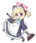 1girl animal_ear_headphones animal_ears apron black_dress black_footwear blonde_hair blue_archive blush cat_tail dress fake_animal_ears frilled_apron frilled_dress frills full_body halo headphones long_sleeves looking_at_viewer maid maid_apron maid_headdress miranofuudoria momoi_(blue_archive) momoi_(maid)_(blue_archive) official_alternate_costume open_mouth pantyhose pink_halo red_eyes shoes short_hair simple_background smile solo tail white_apron white_background white_pantyhose 