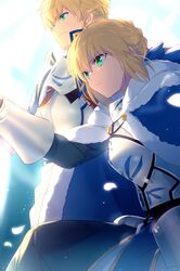  1boy 1girl ahoge armor armored_dress arthur_pendragon_(fate) artoria_pendragon_(fate) blonde_hair blue_cape blue_dress blue_ribbon braid breastplate breasts cape dress echo_(circa) fate/prototype fate/stay_night fate_(series) faulds french_braid fur-trimmed_cape fur_trim gauntlets green_eyes hair_bun hair_ribbon juliet_sleeves long_hair long_sleeves medium_breasts puffy_sleeves ribbon saber_(fate) short_hair sidelocks smile 