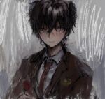  1boy black_hair brown_jacket character_request closed_mouth collared_jacket collared_shirt commentary_request copyright_request grey_background highres jacket jiz_(pffbq) looking_at_viewer male_focus necktie shirt short_hair smile solo upper_body violet_eyes 