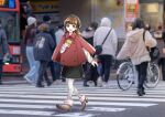  1girl :d animification black_skirt blurry blurry_background brown_hair buttons commentary_request crosswalk double-breasted grey_footwear holding jacket kanduki_kamibukuro looking_at_viewer nirei_nozomi outline pantyhose people photo_background real_life red_jacket shadow shoes skirt smile solo_focus walking white_outline white_pantyhose yellow_eyes 