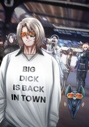  2boys 4girls ? asymmetrical_hair bat_(animal) black_bodysuit black_hair black_jacket black_necktie black_sweater blonde_hair blue_eyes bodysuit can character_request clariyosesama closed_mouth confused dog_tags dress embarrassed english_commentary english_text eyepatch fake_horns garrison_cap gloves gown grey_bodysuit grey_hair hair_intakes hair_ornament halo happy hat headphones highres holding holding_can horns jacket lee:_hyperreal_(punishing:_gray_raven) lee_(punishing:_gray_raven) liv:_empyrea_(punishing:_gray_raven) liv_(punishing:_gray_raven) lucia:_plume_(punishing:_gray_raven) lucia_(punishing:_gray_raven) mechanical_parts mechanical_wings multicolored_hair multiple_boys multiple_girls nanami:_starfarer_(punishing:_gray_raven) nanami_(punishing:_gray_raven) necktie open_mouth pilot_suit punishing:_gray_raven redhead shaded_face shirt spacesuit streaked_hair sunglasses sweater twitter_username watanabe_(punishing:_gray_raven) white_dress white_shirt wings x_hair_ornament 