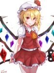  1girl absurdres ascot baileys_(tranquillity650) blonde_hair cowboy_shot crystal_wings dress flandre_scarlet frilled_dress frills hat hat_ribbon highres looking_at_viewer mob_cap open_mouth red_ascot red_dress red_eyes red_ribbon ribbon simple_background solo touhou white_background wrist_cuffs 