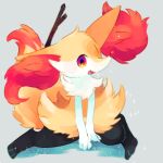  braixen commentary_request fang gradient_eyes looking_at_viewer multicolored_eyes no_humans open_mouth orange_eyes pokemon pokemon_(creature) pokemon_focus satan_(zoroa553) sitting smile solo sparkle stick violet_eyes yellow_eyes 