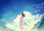  1girl arms_at_sides blue_sky booota brown_eyes brown_hair closed_mouth clouds cloudy_sky day dress layered_dress looking_up original outdoors pleated_dress profile short_hair sidelocks signature sky sleeveless sleeveless_dress solo white_dress wide_shot 