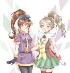  2girls :d abstract_background bell black_gloves black_pantyhose black_thighhighs blue_bow bow brown_eyes brown_hair commentary_request cowboy_shot crossover dot_nose eyewear_on_head gensou_suikoden gensou_suikoden_ii gloves green_eyes green_skirt grin hair_bow high_ponytail highres legs_together long_hair looking_at_viewer meg_(suikoden) multiple_girls open_mouth pantyhose ponytail precis_neumann purple_shirt purple_skirt shirt skirt sleeveless sleeveless_shirt smile standing star_ocean star_ocean_the_second_story sunglasses thigh-highs trait_connection umikamome_(pixiv40804077) white_gloves zettai_ryouiki 