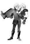  2boys age_difference aged_down arm_armor belt blush boots carrying chest_strap chinese_commentary closed_eyes cloud_strife coat commentary_request embarrassed final_fantasy final_fantasy_vii final_fantasy_vii_ever_crisis full_body gloves greyscale hand_on_own_forehead height_difference highres implied_yaoi knee_boots looking_at_another male_focus monochrome multiple_belts multiple_boys pants princess_carry screentones sephiroth short_hair simple_background sleeveless sleeveless_turtleneck smile spiky_hair standing suizs_017 suspenders sweatdrop time_paradox toned toned_male turtleneck white_background 