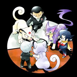  1990s_(style) 3boys alolan_persian animal_nose back black_hair black_jacket black_pants black_shirt blue_eyes cat claws curled_tail fangs forehead_jewel gem giovanni_(pokemon) green_eyes grey_fur grey_hair grimsley_(pokemon) hair_between_eyes hand_on_own_chin highres jacket liepard long_sleeves male_focus multiple_boys nanu_(pokemon) open_mouth pants parody piao_lao58449 pointy_hair poke_ball_symbol pokemon pokemon_(creature) pokemon_bw pokemon_rgby pokemon_rgby_(style) pokemon_sm purple_fur red_eyes red_gemstone retro_artstyle scarf shirt short_hair short_sleeves slit_pupils smile smirk standing style_parody sugimori_ken_(style) team_rocket tongue tongue_out v-shaped_eyes whiskers yellow_scarf 