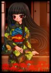  1girl black_hair commentary_request dusk enma_ai expressionless floating_hair flower japanese_clothes jigoku_shoujo kamukamu_(kazewatari) kimono long_hair red_eyes red_spider_lily sitting solo spider_lily straw_doll twilight veranda wind 