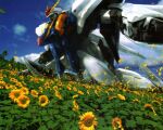  1990s_(style) english_commentary field flower flower_field gundam gundam_hathaway&#039;s_flash highres katoki_hajime magazine_scan mecha mobile_suit newtype no_humans official_art painting_(medium) retro_artstyle robot scan science_fiction sunflower sunflower_field traditional_media xi_gundam 