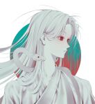  1boy albino animal aqua_background commentary_request fang grey_hair highres korean_commentary long_hair looking_to_the_side male_focus original parted_lips red_eyes ringed_eyes skin_fang snake solo sososok999 upper_body white_background 