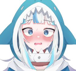  1girl animal_costume animal_hood blue_eyes blue_hair blue_hoodie blush fins gawr_gura gawr_gura_(1st_costume) grey_hair highres hololive hololive_english hood hoodie knowa_0527 looking_at_viewer multicolored_hair open_mouth shark shark_costume shark_girl shark_hood shark_print solo streaked_hair sweat sweatdrop tail virtual_youtuber 