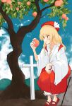  1girl absurdres blonde_hair bloomers blue_sky clouds cloudy_sky commentary_request detached_sleeves dolls_in_pseudo_paradise food fruit gohei graveyard hakama hakama_skirt hat hat_ribbon highres holding holding_food holding_fruit hourai_girl_(touhou) iyo_mamoru japanese_clothes kimono long_hair long_sleeves mary_janes no_socks outdoors parted_lips peach peach_tree pleated_skirt portrait_of_exotic_girls red_footwear red_hakama red_hat red_skirt ribbon shoes sidelocks sitting skirt sky solo tombstone touhou white_bloomers white_kimono white_ribbon white_sleeves wide_sleeves yellow_eyes 