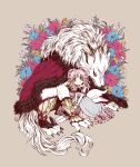  1boy 1girl amezawa_koma cape claws commentary_request couple dress elf flower full_body furry furry_male highres interspecies original pink_hair pointy_ears twintails white_fur wings wolf_boy yellow_eyes 